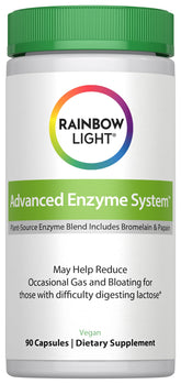 Rainbow Light Advanced Enzyme System bottle close-up showing vegan capsules for digestion support.