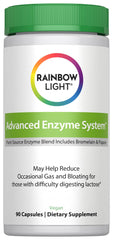 Rainbow Light Advanced Enzyme System bottle close-up showing vegan capsules for digestion support.