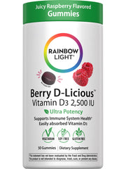 Rainbow Light Berry D-Licious gummies bottle with 2,500 IU vitamin D3 for immune support.