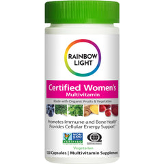 Rainbow Light Certified Women's Multivitamin bottle showcasing organic ingredients for daily wellness