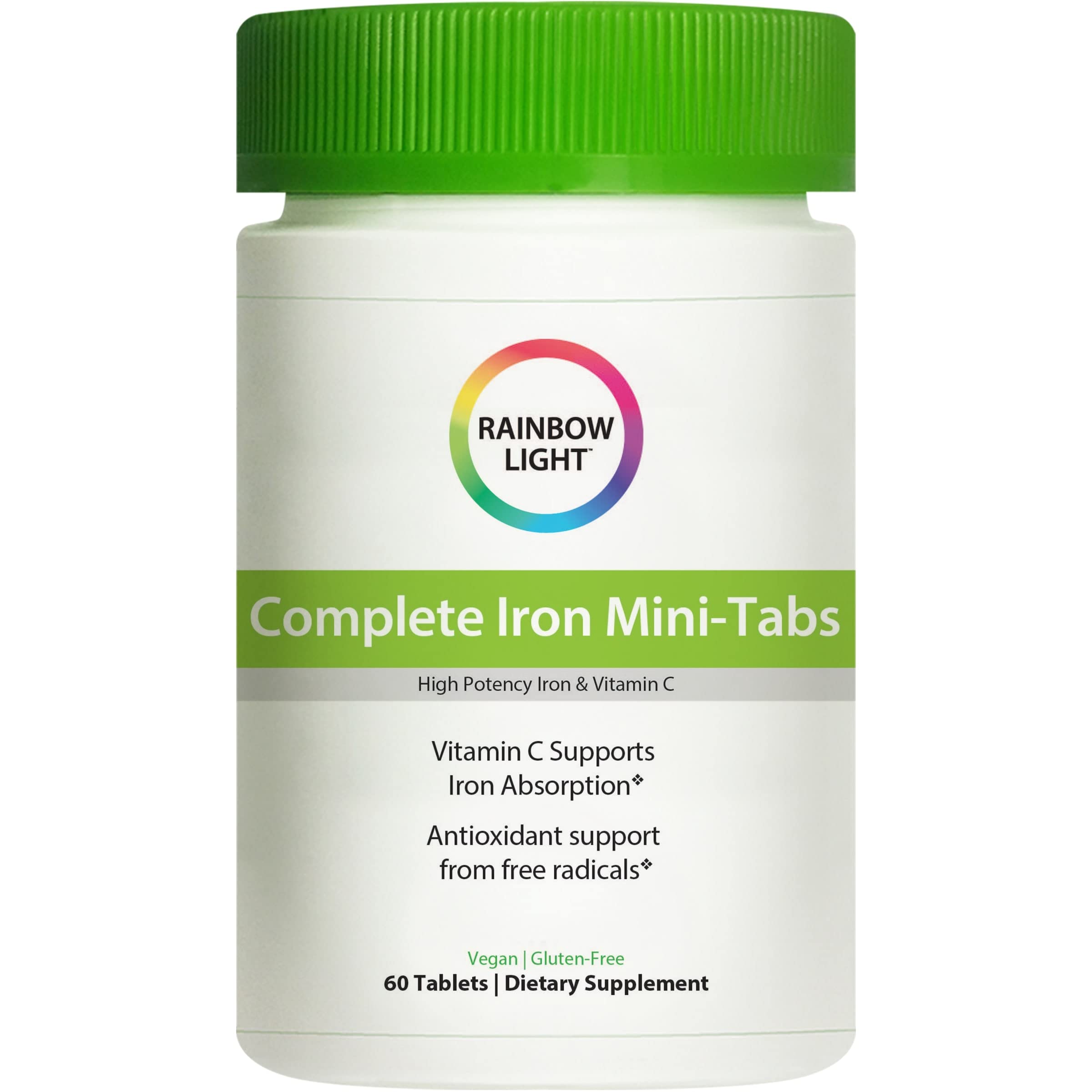 Rainbow Light Complete Iron Mini-Tabs bottle on a clean surface supports daily iron intake.