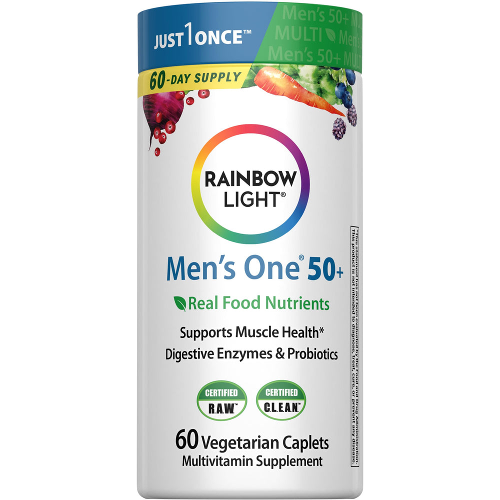 Rainbow Light Men's 50+ multivitamin bottle with clear label for daily wellness