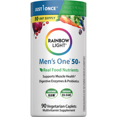 Rainbow Light Mens One 50+ bottle front for daily vitality and immune support.