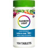 Rainbow Light Men’s One 50+ bottle highlights high-potency vitamins for daily immune support.