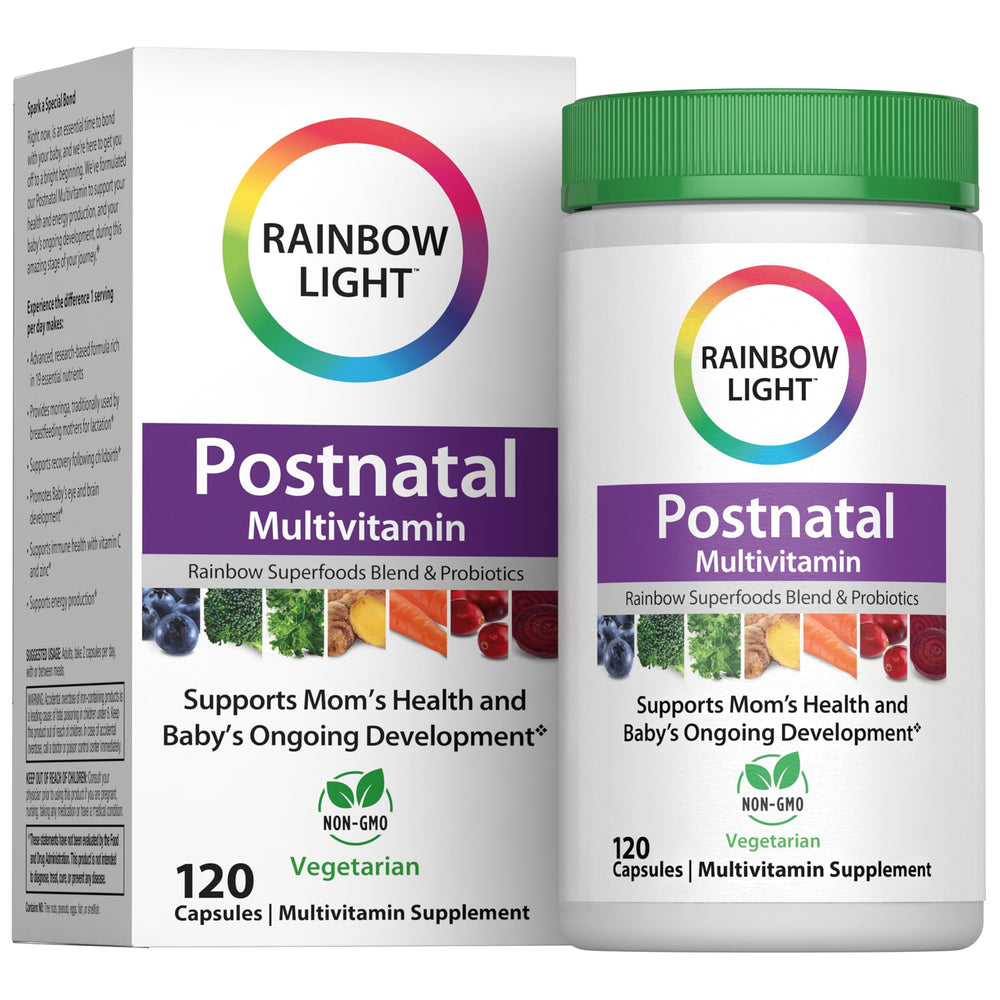 Rainbow Light Postnatal Multivitamin bottle showing core nutrients for mom energy and baby development.