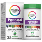 Rainbow Light Postnatal Multivitamin bottle showing core nutrients for mom energy and baby development.