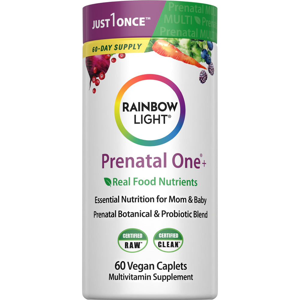 Rainbow Light Prenatal One bottle showcases real food nutrients for mom and baby.