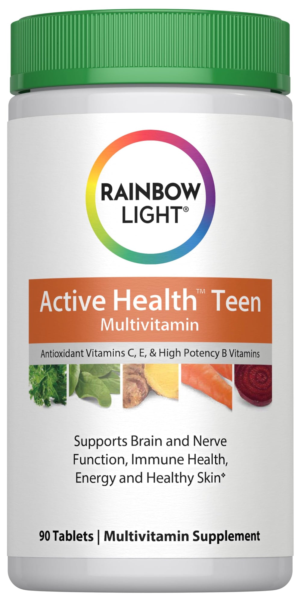 Rainbow Light Teens multivitamin bottle front showing teen-friendly immune support features.