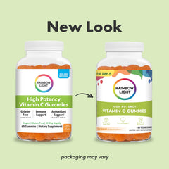 Rainbow Light Vitamin C Gummies close-up showing chewable citrus flavor for convenient daily wellness.