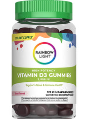 Rainbow Light Vitamin D3 Gummies bottle poured to show berry flavor and high potency.