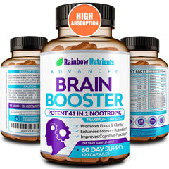 Rainbow Nutrients 40in1 Brain Booster bottle full of capsules for daily focus.