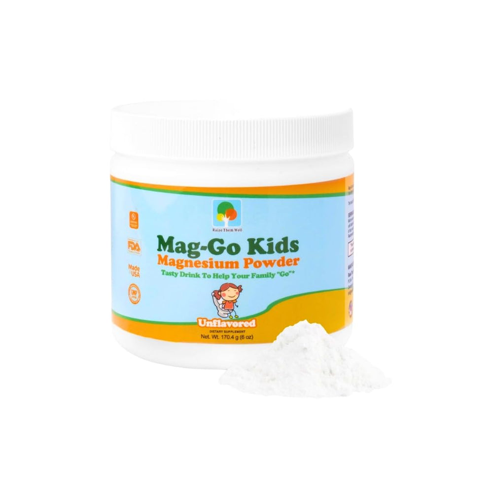 Raise Them Well Mag-Go Kids magnesium powder bottle ready for daily digestive support.