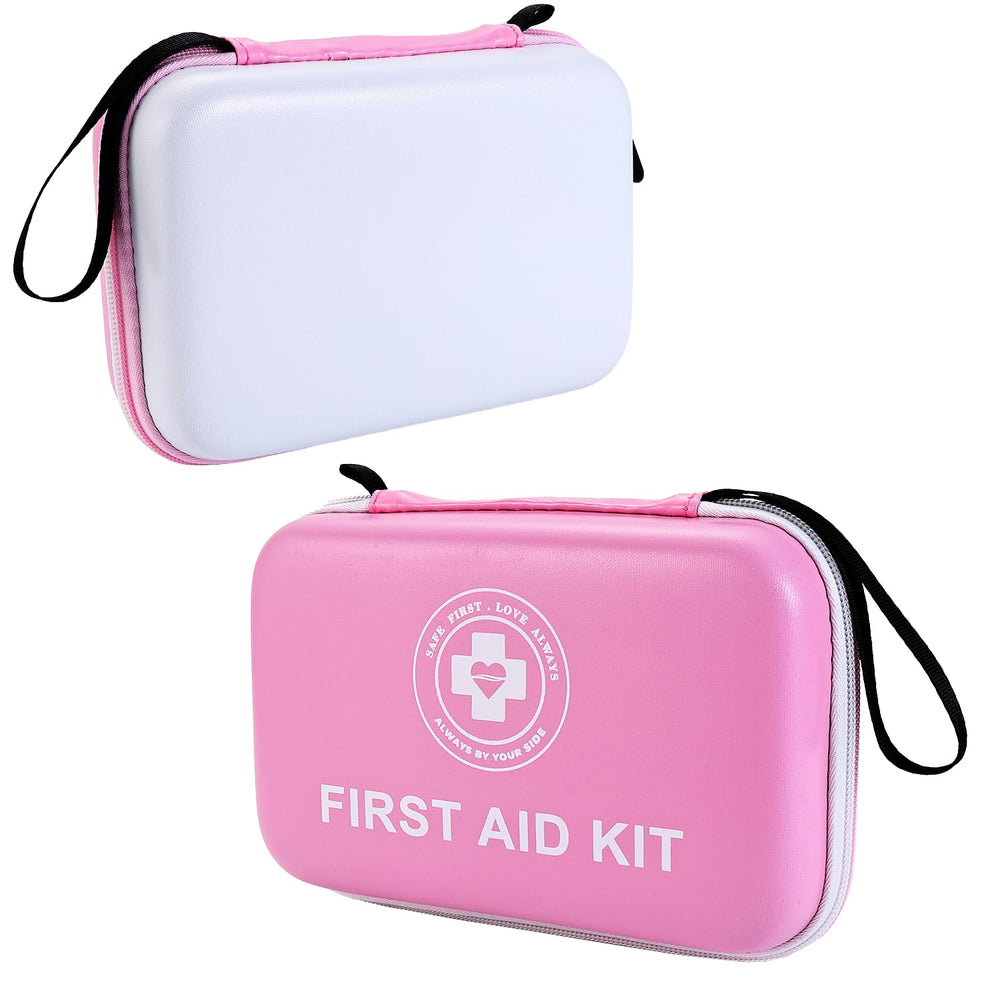 Raismile premium first aid kit with hard-shell pink and white exterior for durability.