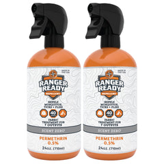 Ranger Ready Permethrin spray bottle applying on clothing for pest deterrence.