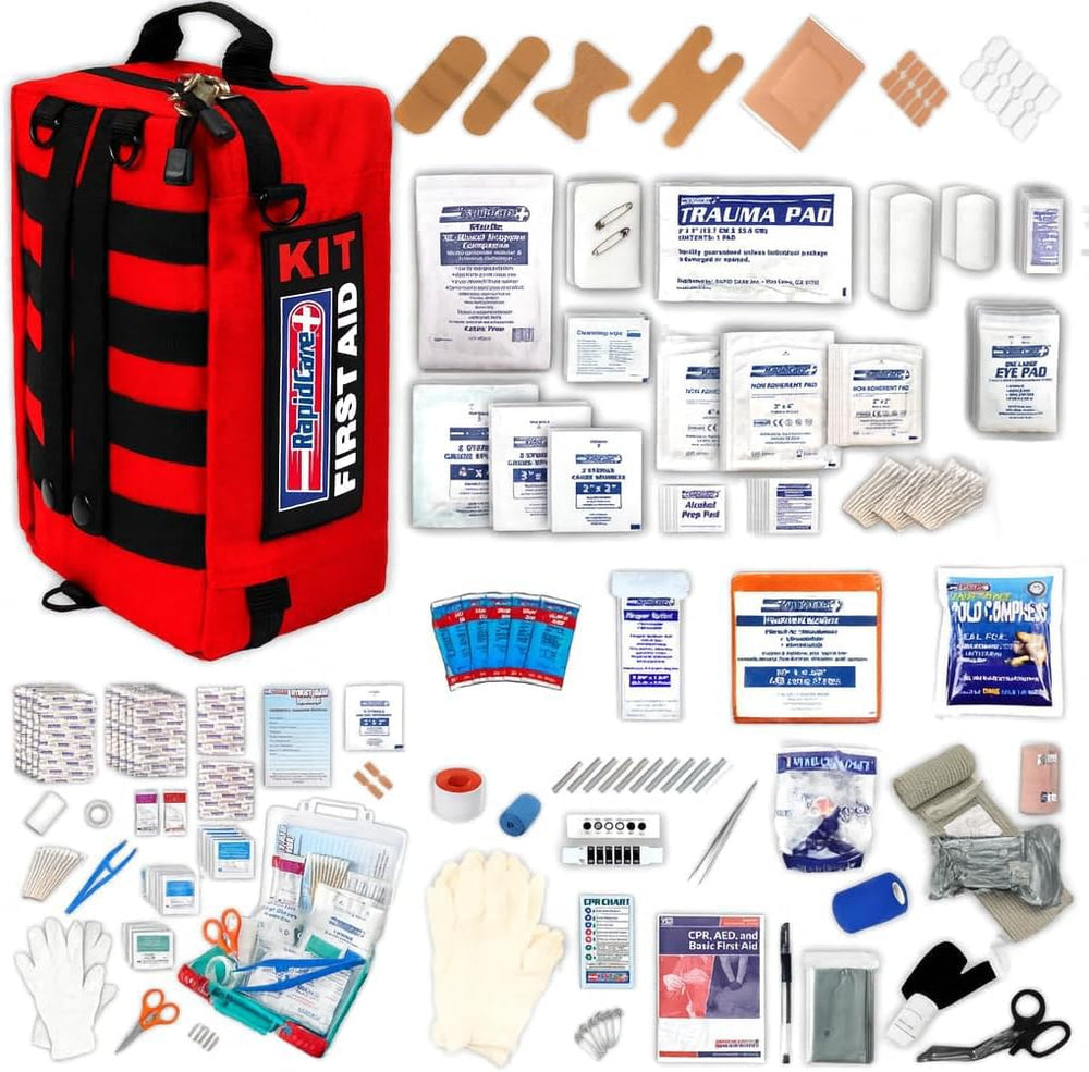 Rapid Care first aid kit main compartment shows organized essentials for fast access.