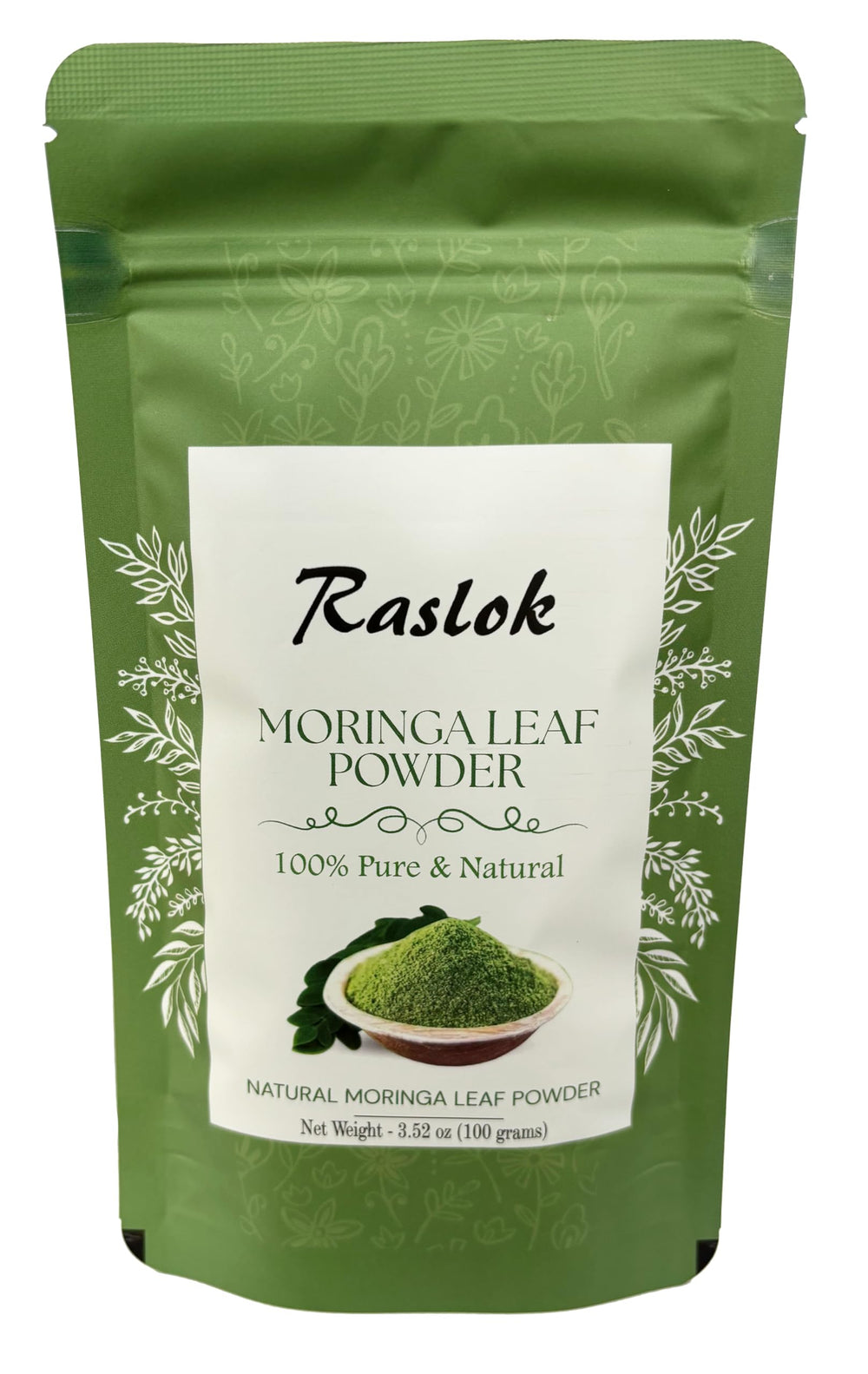 Raslok Moringa Powder leaf-no-stems in a jar; nutrient-dense green supplement.