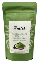 Raslok Moringa Powder leaf-no-stems in a jar; nutrient-dense green supplement.