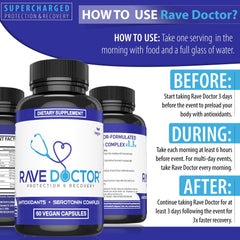 Rave Doctor vegan capsules close-up shows plant-based capsules and packaging quality.