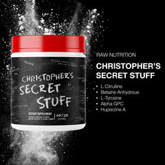 RAW Christopher's Secret Stuff powder tub emphasizing a clean, high-quality blend