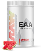 RAW EAA Watermelon powder tub showing flavor label for workouts