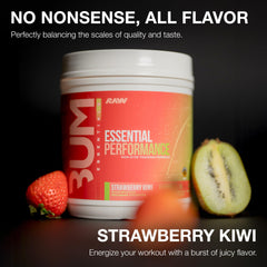 Label close-up on RAW Essential Performance bottle highlighting 25 servings and caffeine-free formula.