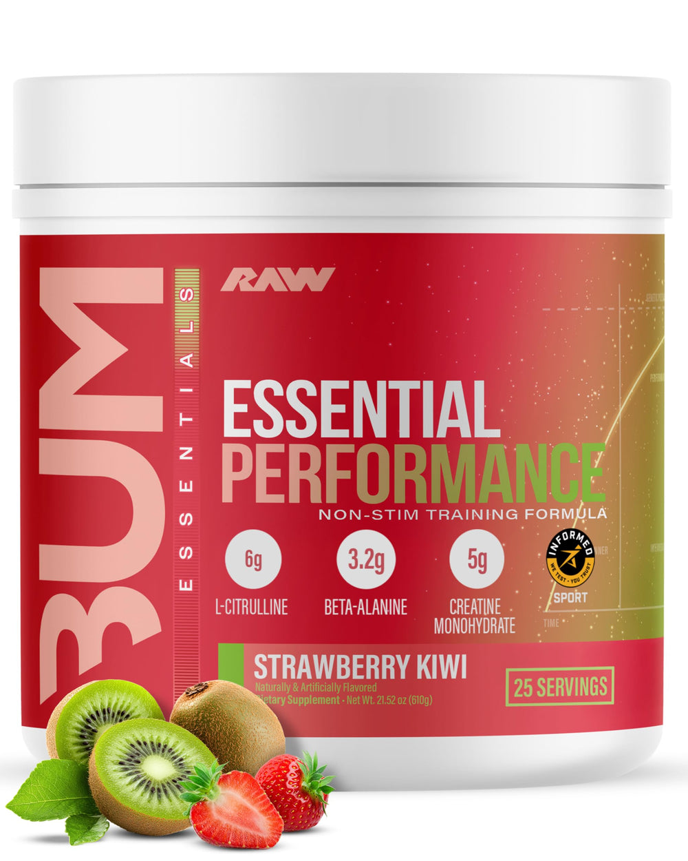 RAW Essential Performance non-stim pre-workout powder tub pouring strawberry kiwi flavor supports focus and endurance.