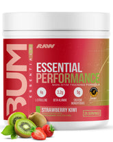 RAW Essential Performance non-stim pre-workout powder tub pouring strawberry kiwi flavor supports focus and endurance.