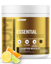 RAW Essential Performance powder in a jar for a caffeine-free pre-workout boost.