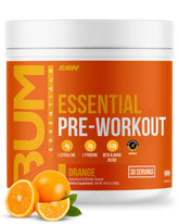 RAW Essential Pre-Workout Orange tub front view for vibrant energy and clean ingredients.