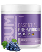 RAW Essential Pre-Workout Grape tub boosts energy for workouts.