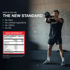 RAW Essential Pre-Workout label emphasizes USA-made quality and clean ingredients.