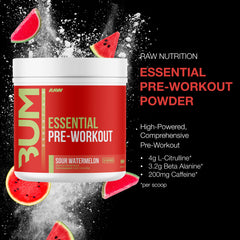 RAW Essential Pre-Workout scoop dispensing powder for precise servings.