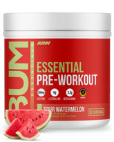 RAW Essential Pre-Workout Sour Watermelon tub shown for daily energy and focus.