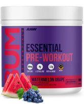 RAW Essential Pre-Workout bottle showing Watermelon Grape flavor for steady energy.
