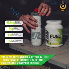 Pouring RAW Fuel Orange Endurance powder into a water bottle during a workout.