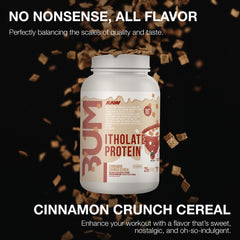 RAW Itholate Cinnamon Crunch shake glass with post-workout nutrition.