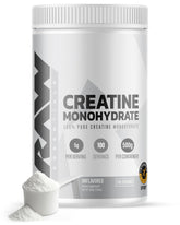 RAW Nutrition creatine monohydrate powder bottle highlighting pure unflavored formula for workouts