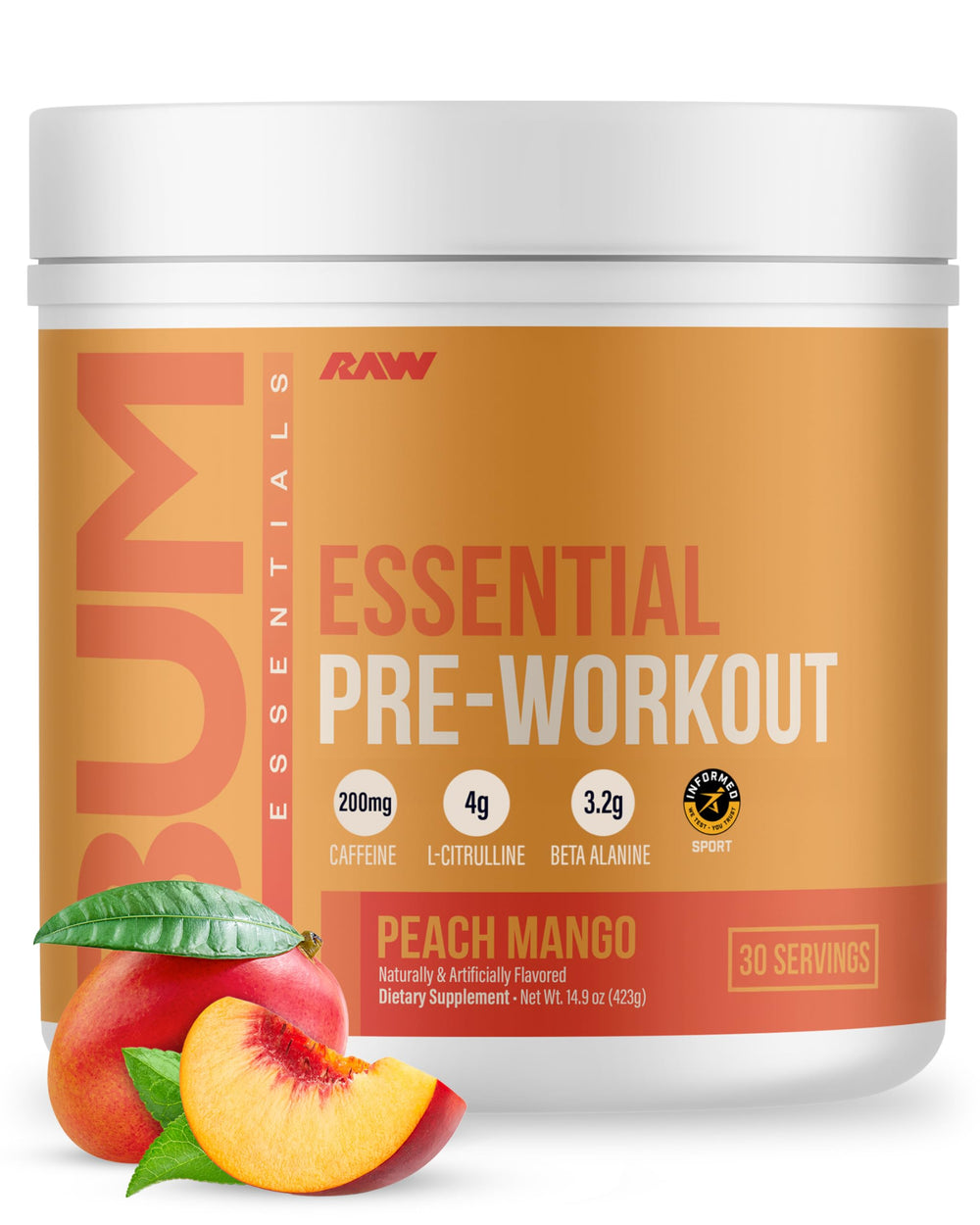 RAW Nutrition Essential Pre Peach Mango tub front view for a flavorful pre-workout boost.