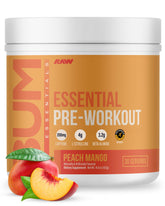 RAW Nutrition Essential Pre Peach Mango tub front view for a flavorful pre-workout boost.
