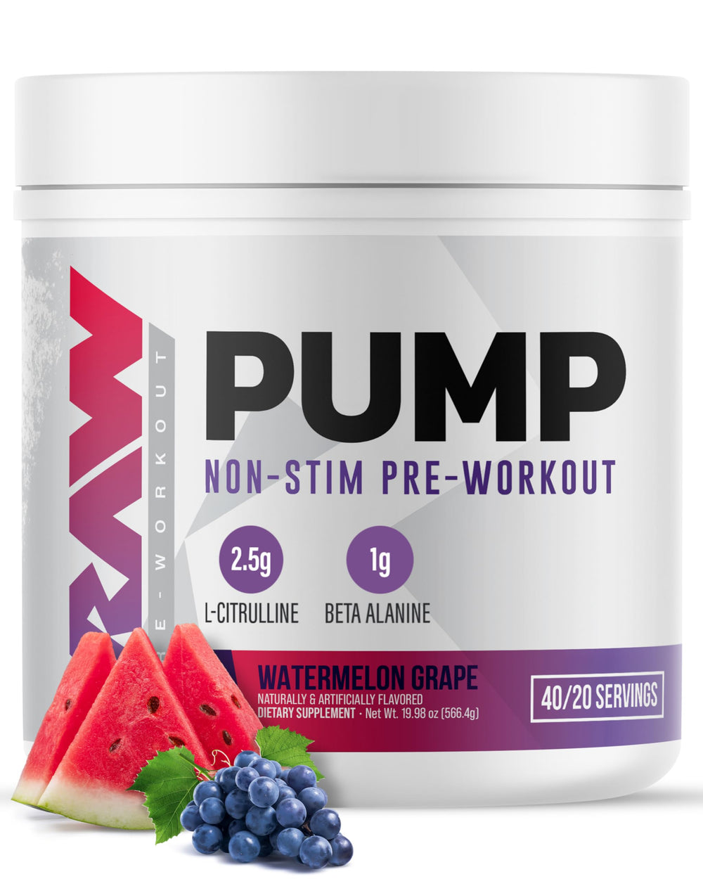RAW Pump Stim Free Pre-Workout Watermelon Grape bottle showing refreshing flavor