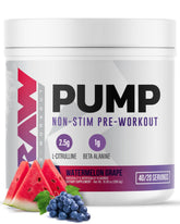 RAW Pump Stim Free Pre-Workout Watermelon Grape bottle showing refreshing flavor