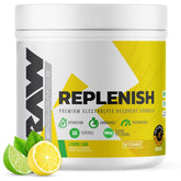 RAW Replenish lemon lime tub front highlights flavor and hydration support.