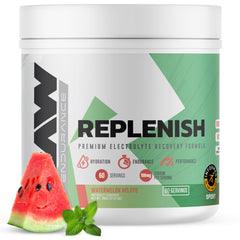RAW Replenish watermelon mojito tub with powder scoop for on-the-go hydration.