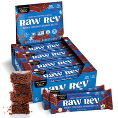 Raw Rev Glo Double Chocolate Brownie Batter bar front view, protein-packed grab-and-go snack.