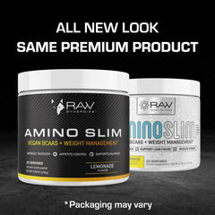 Raw Synergies Amino Slim bottle with serving scoop highlighting vegan, sugar-free energy