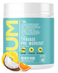 RAW Thavage Beach Bum bottle shows energy-boosting pre-workout in action.