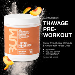 RAW Thavage tub front highlights compact packaging and serving info for workouts