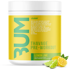 RAW Thavage Lemon Lime preworkout tub energizes workouts with clean flavor.