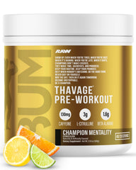 RAW Thavage pre-workout bottle front with bold branding and energy hint.