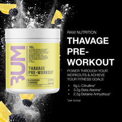 Raw Thavage preworkout blackberry lemonade flavor label close-up for flavor appeal